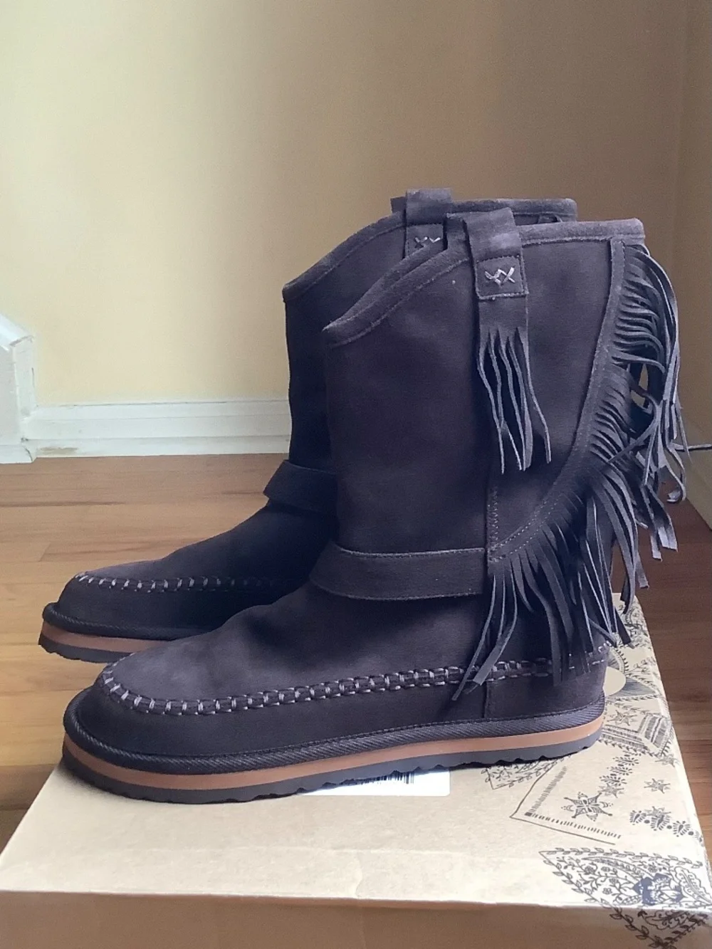 Free People Faye Fringe Suede And Faux Fur Boot Chocolate Brown SZ 9.5